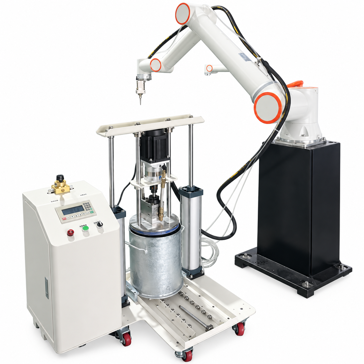 Adhesive dispensing robot with supply pump and control cabinet isolated on white