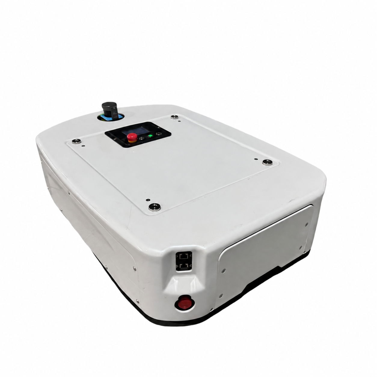 White AGV chassis with a top-mounted control panel and laser scanner, shown at a three-quarter angle