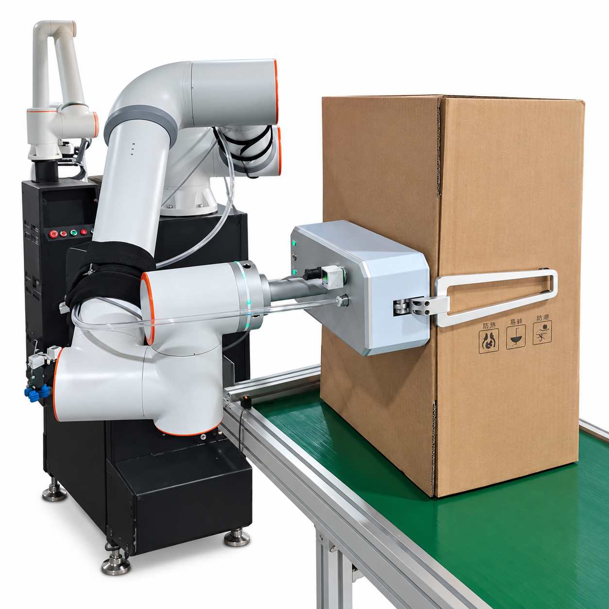 Robot with carton-forming tooling and conveyor isolated on white