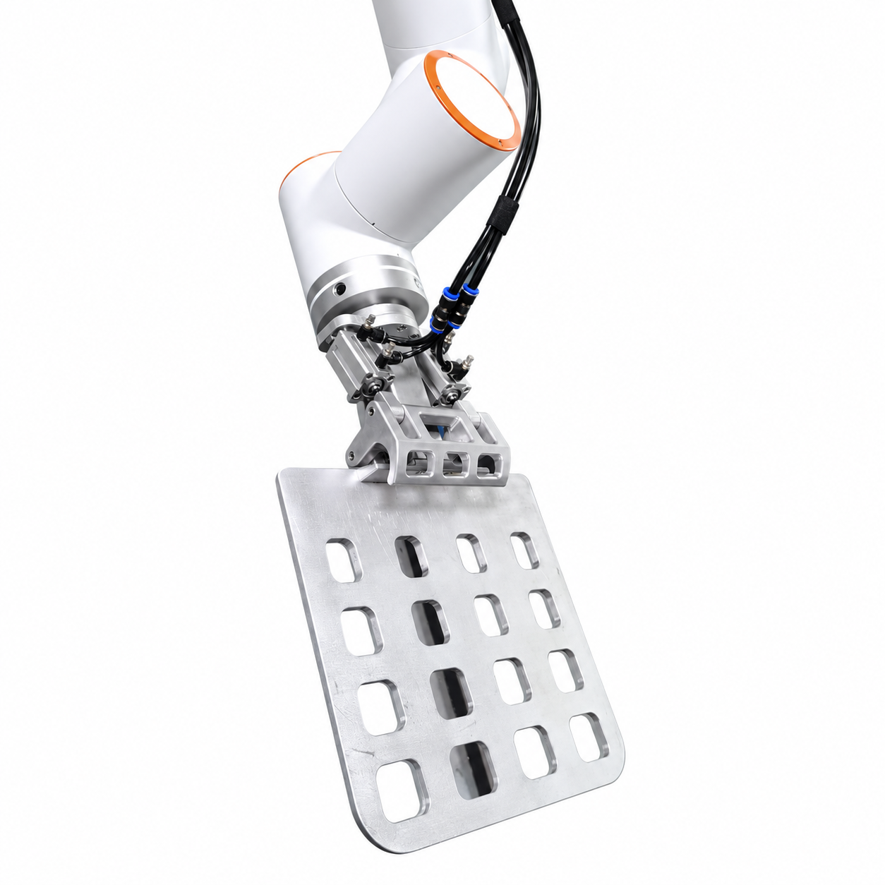 Robot arm and panel-handling gripper isolated on white