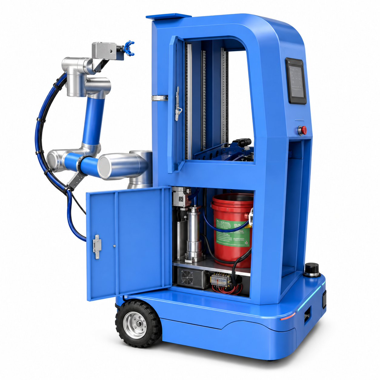 Blue mobile wall-spraying robot with articulated arm and open equipment cabinet, isolated on white