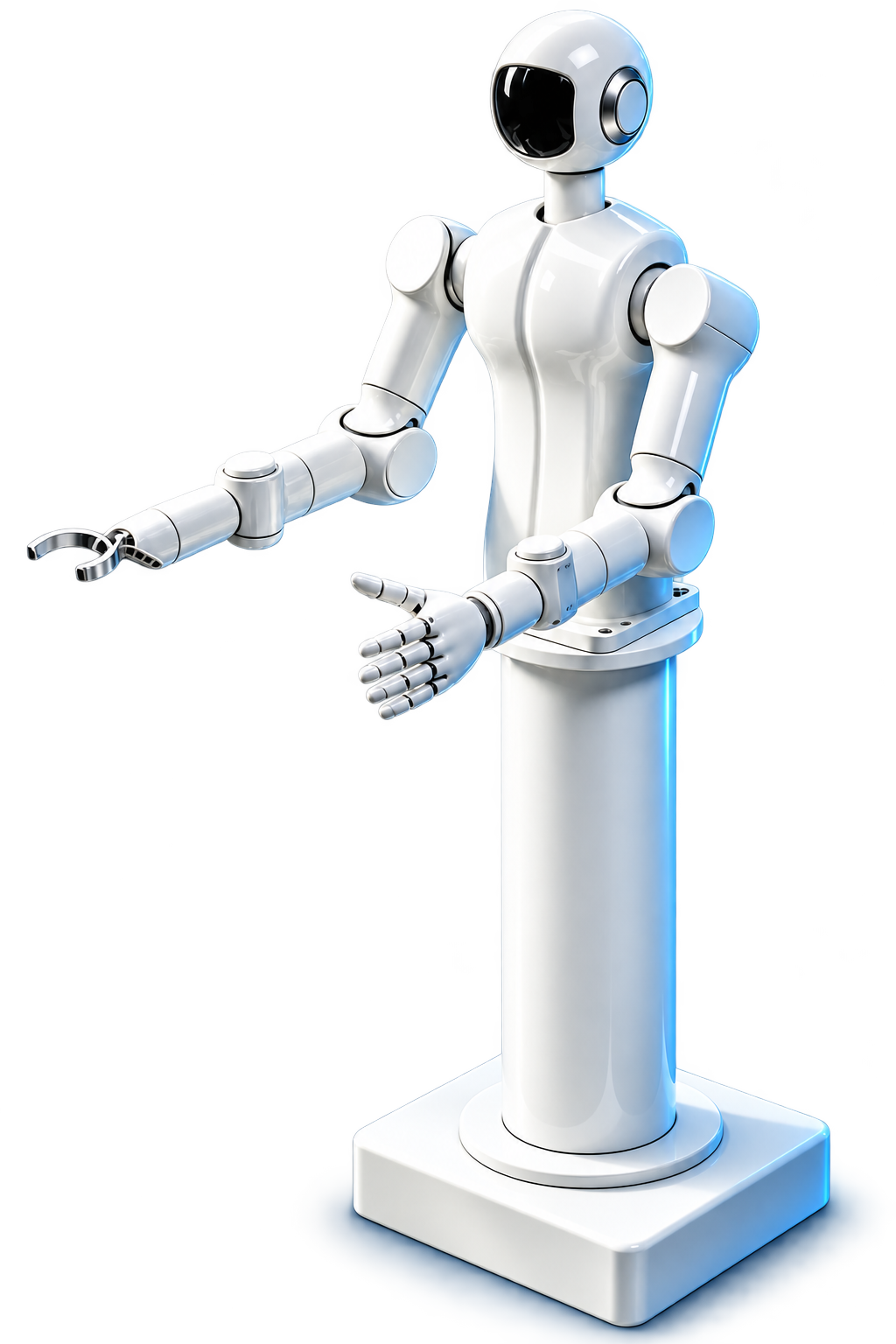 White humanoid dual-arm robot on a pedestal with a gripper and articulated hand