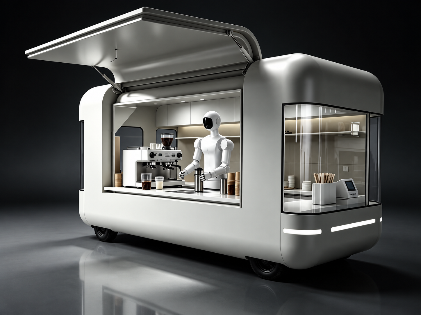Humanoid robot working inside a mobile coffee-service kiosk concept