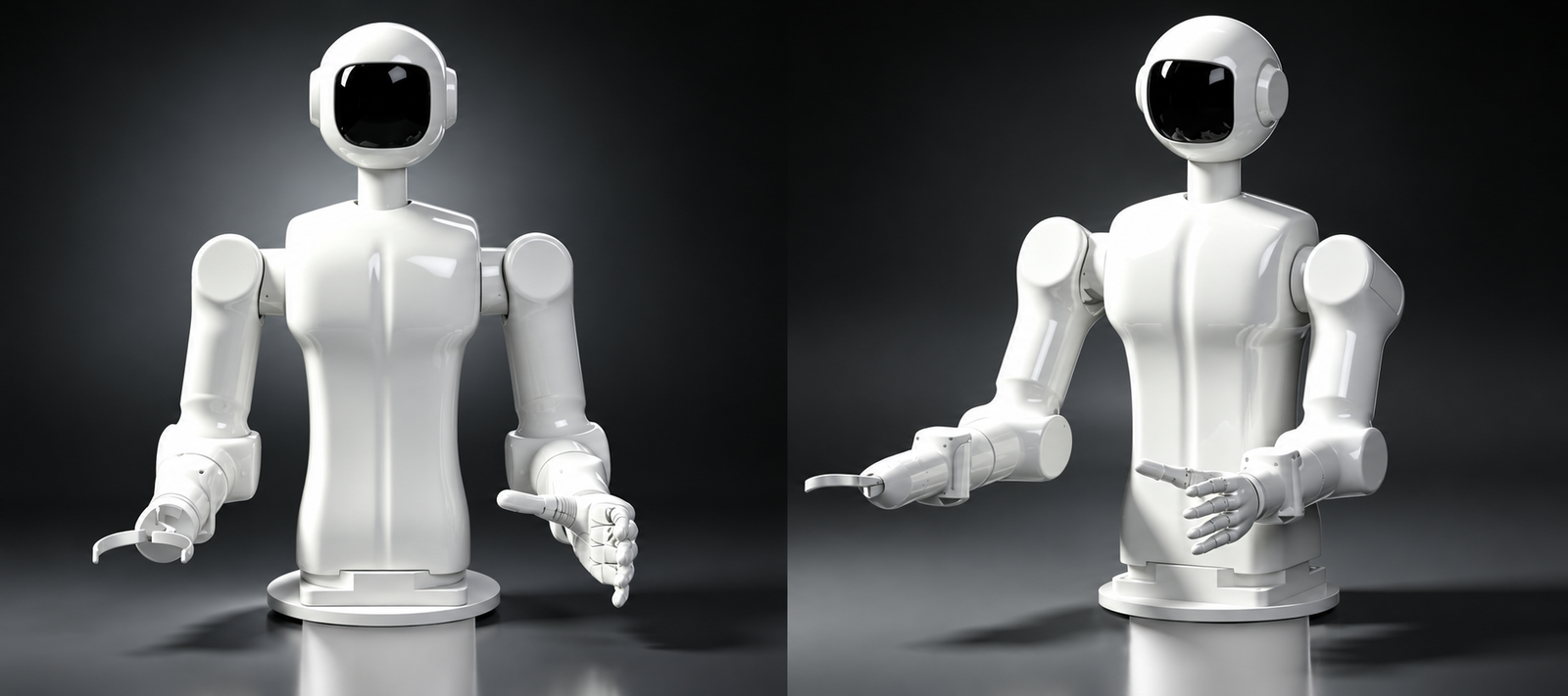 Front and three-quarter views of the white humanoid dual-arm robot