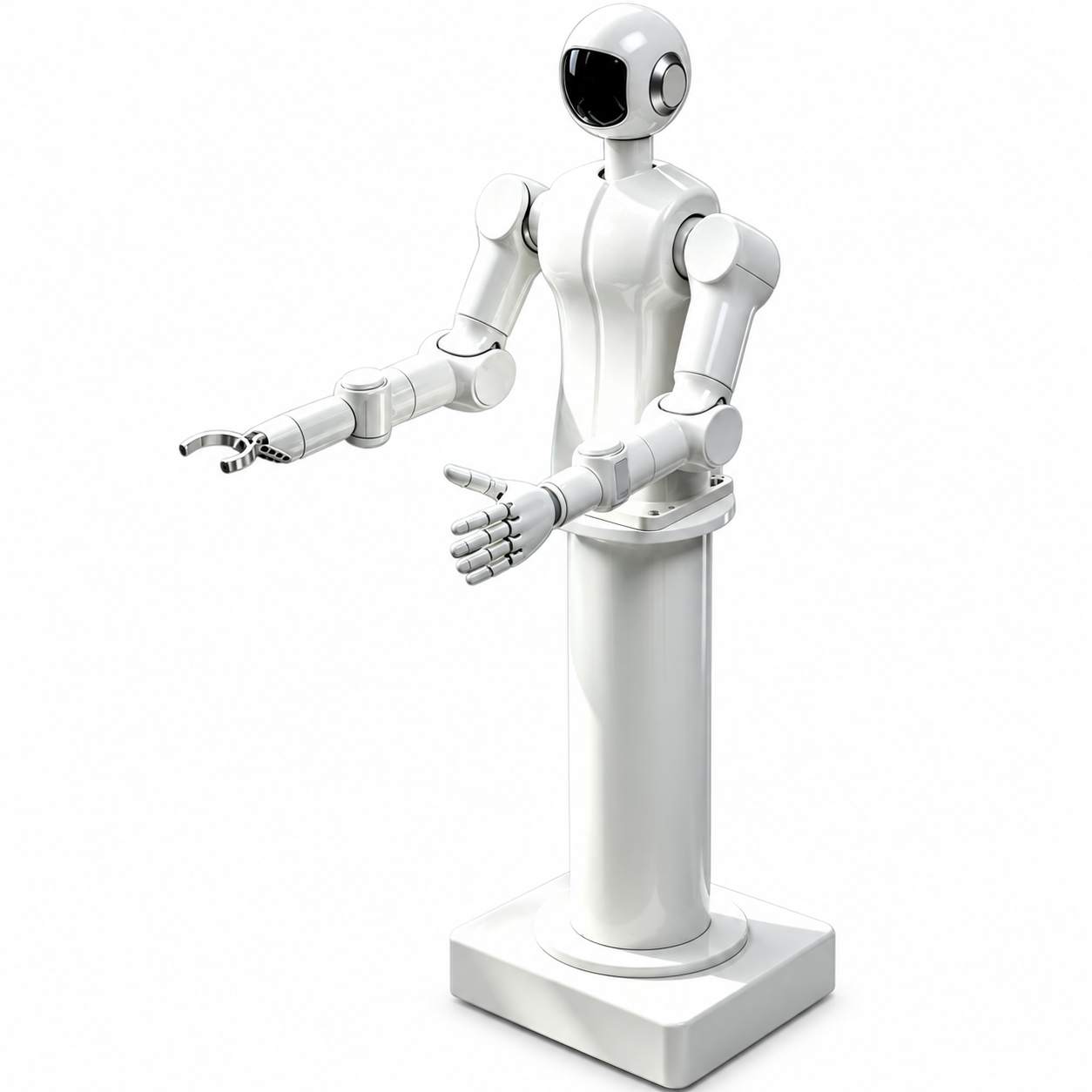 White humanoid dual-arm robot on a pedestal, isolated on white