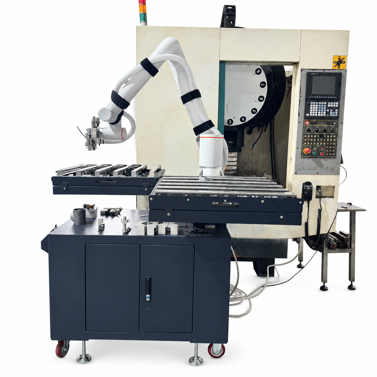 Machine tending robot and workcell equipment isolated on white