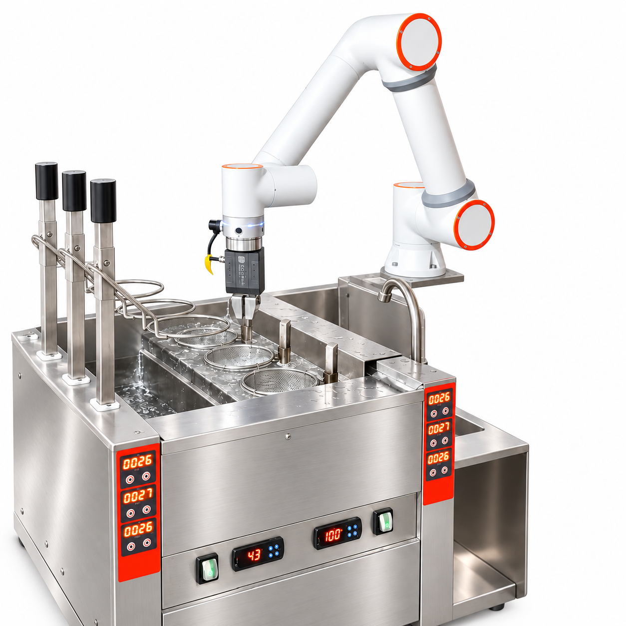 Robotic noodle cooking workstation isolated on white