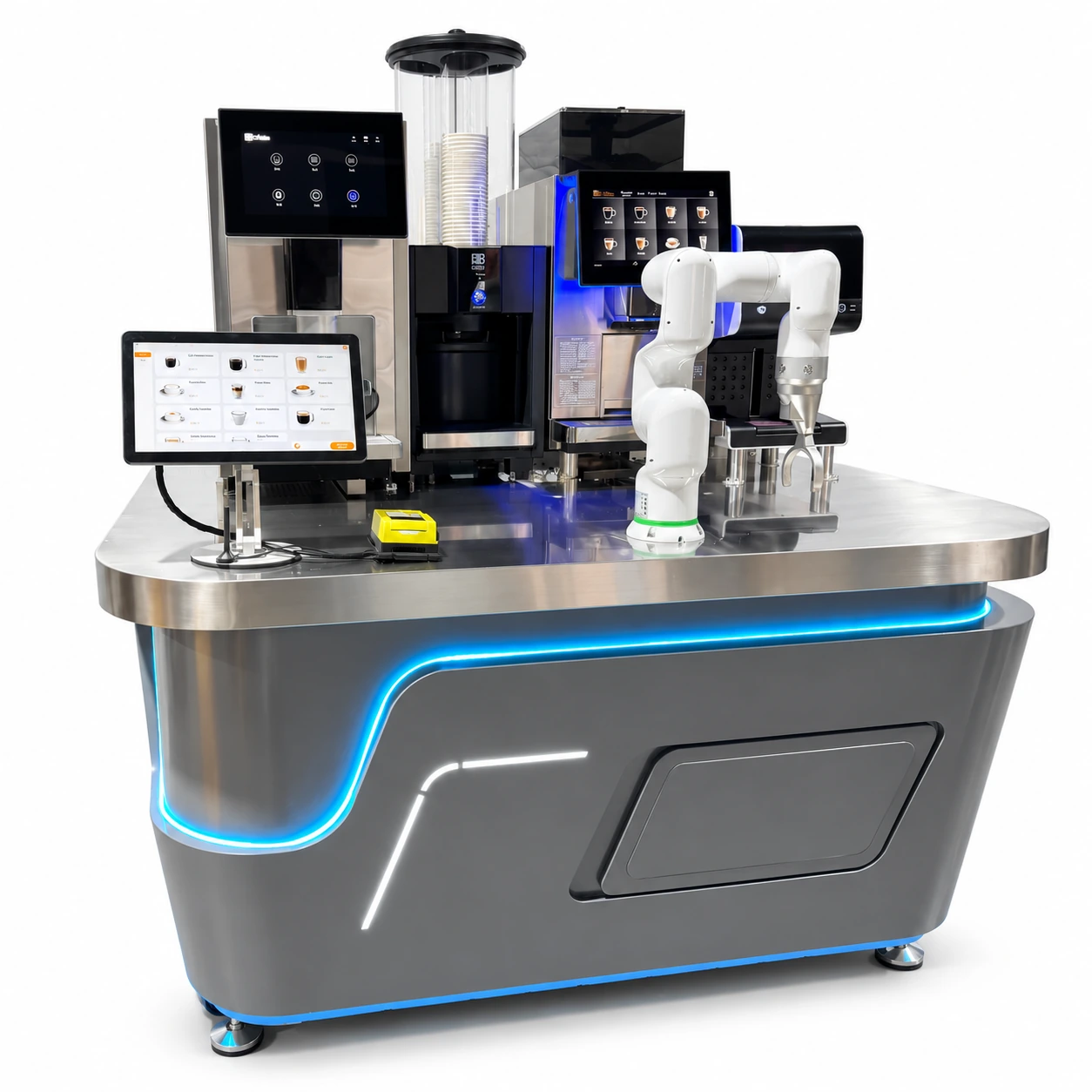 Bar-counter coffee robot with a single white robotic arm, coffee equipment and blue illuminated counter, isolated on white