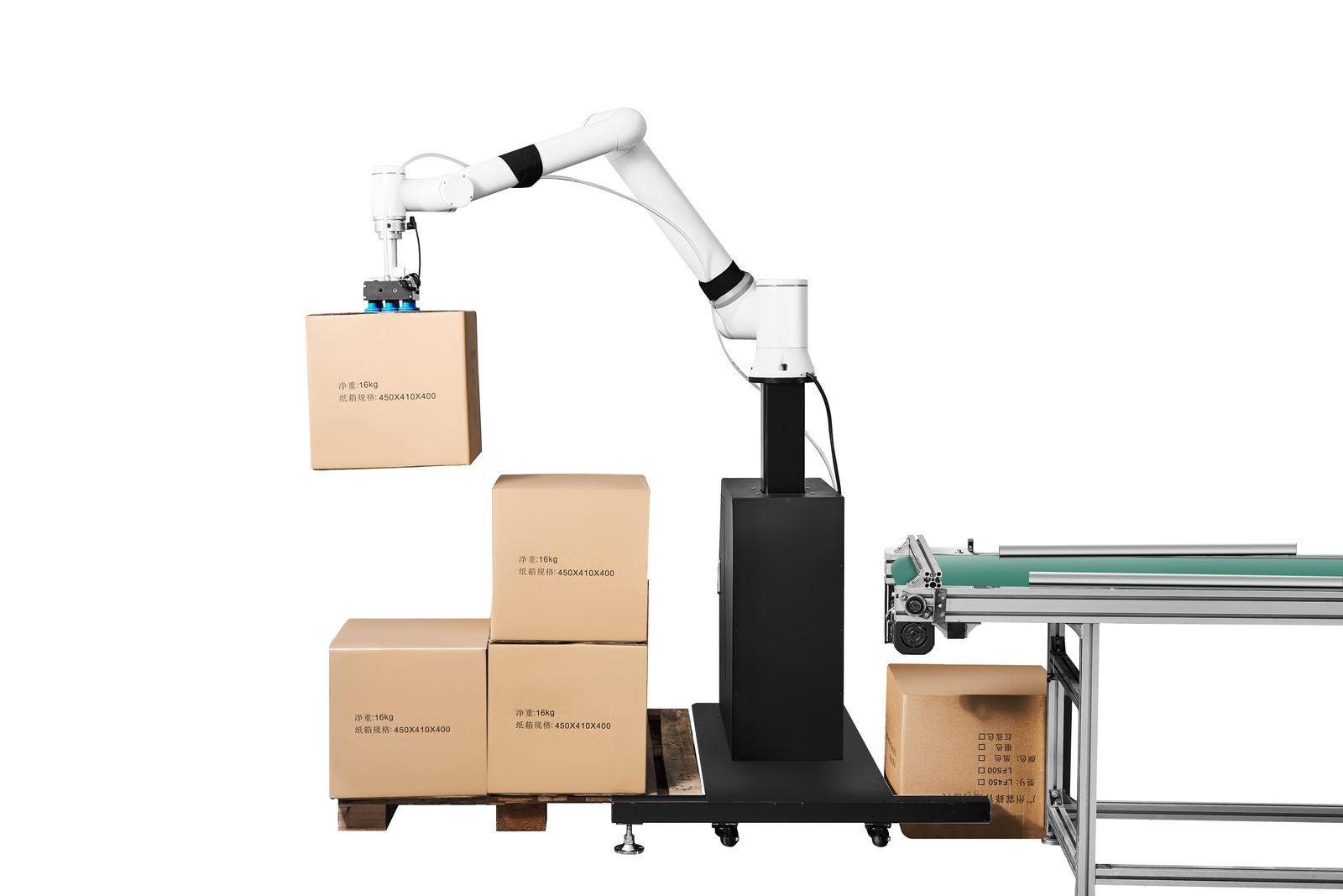 Palletizing robot with a vacuum gripper transferring cartons between a conveyor and pallet