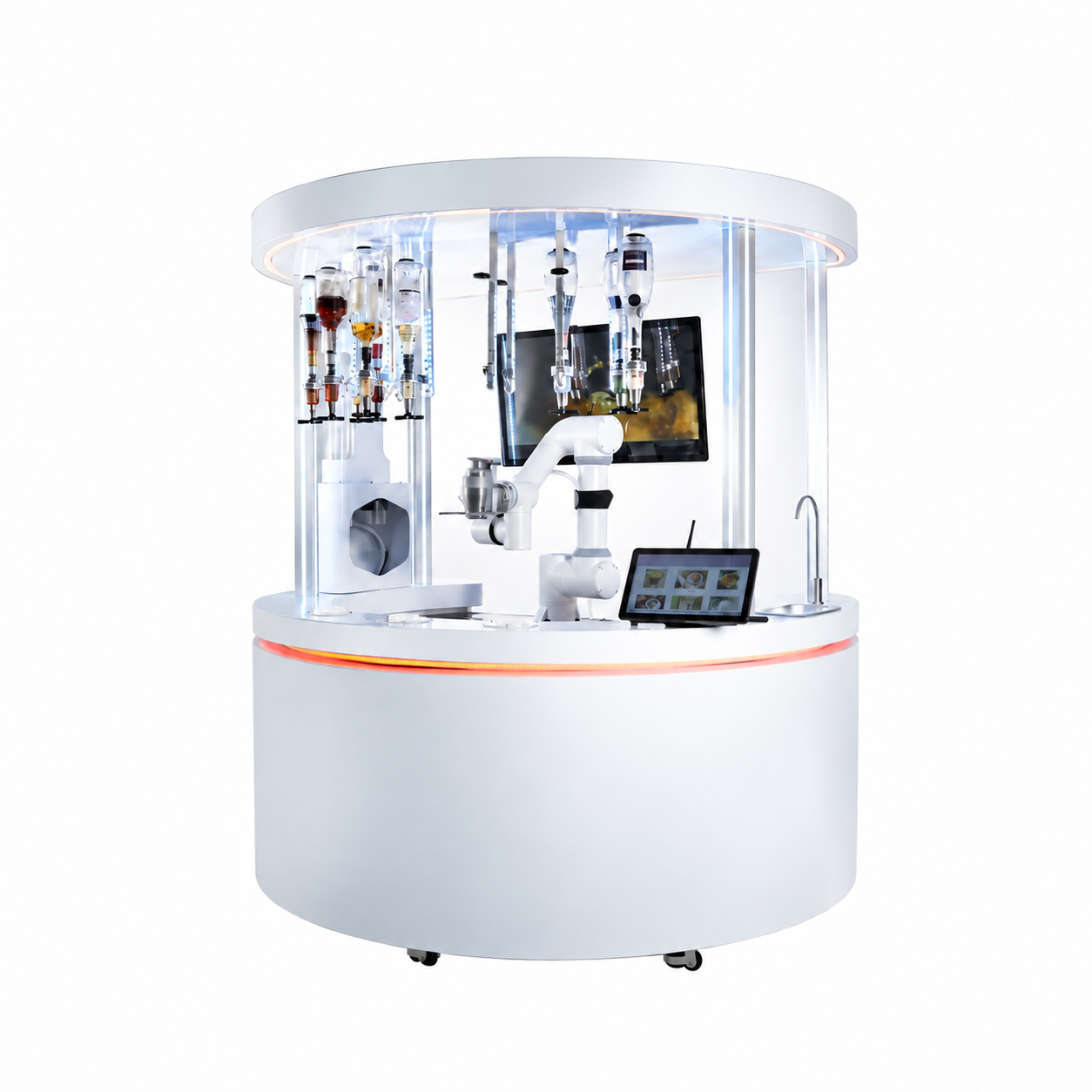 Complete robotic bartender station with overhead dispensers and touchscreen controls