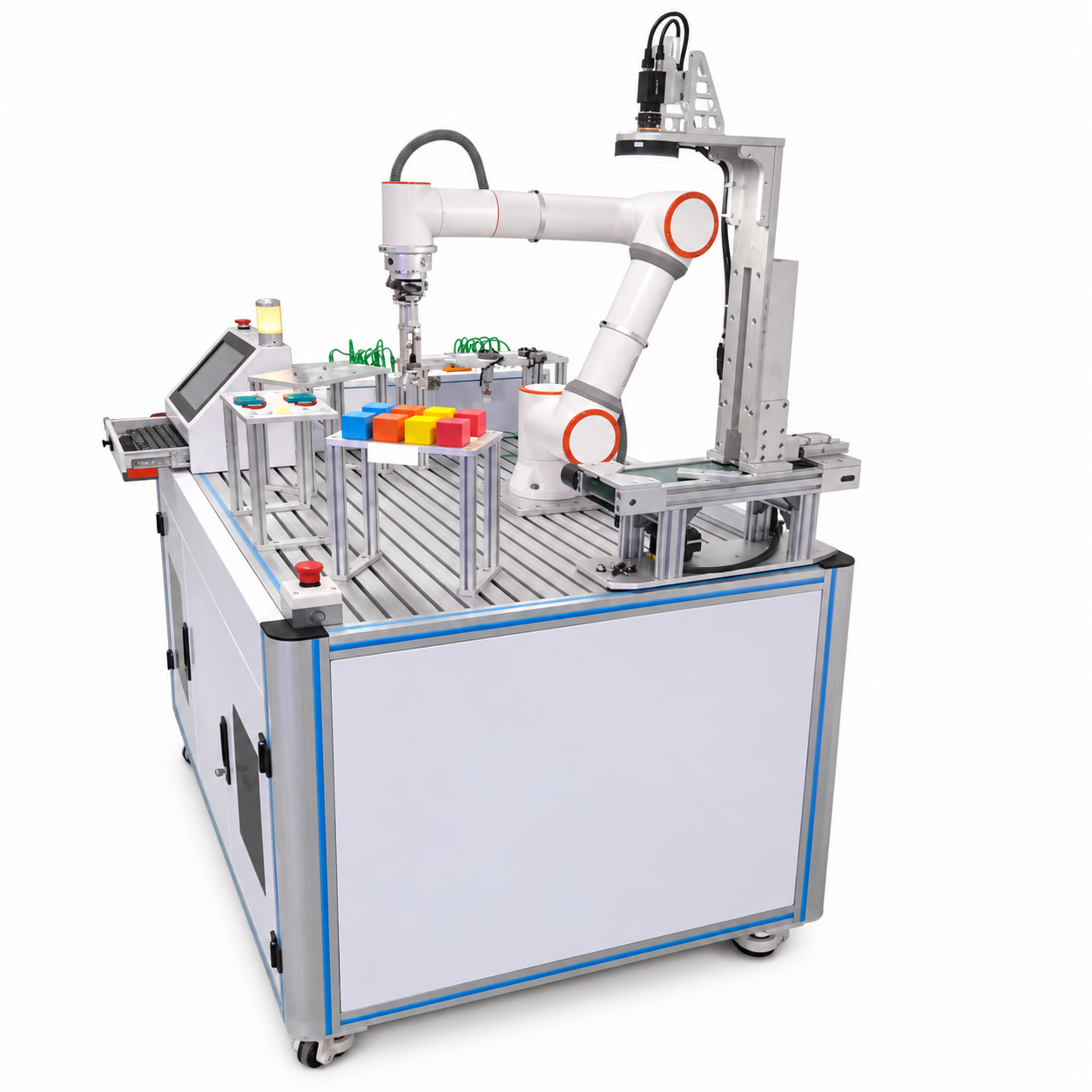 Robot teaching workstation with its cabinet and training equipment, isolated on white